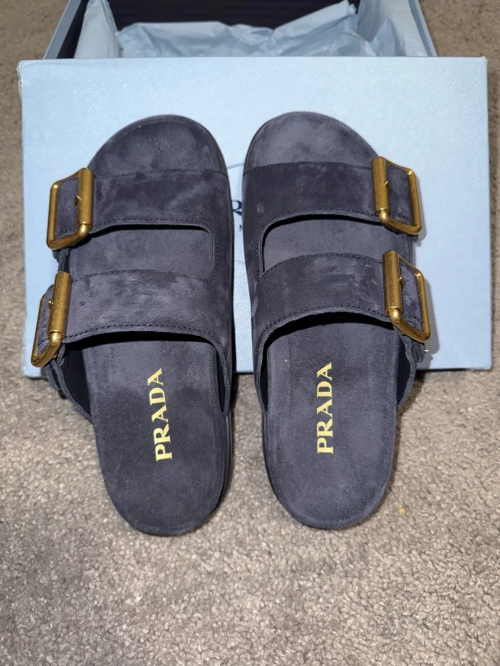 Prada Navy Suede Double-Buckle Slide Sandals with Gold Hardware - Picture 2 of 8